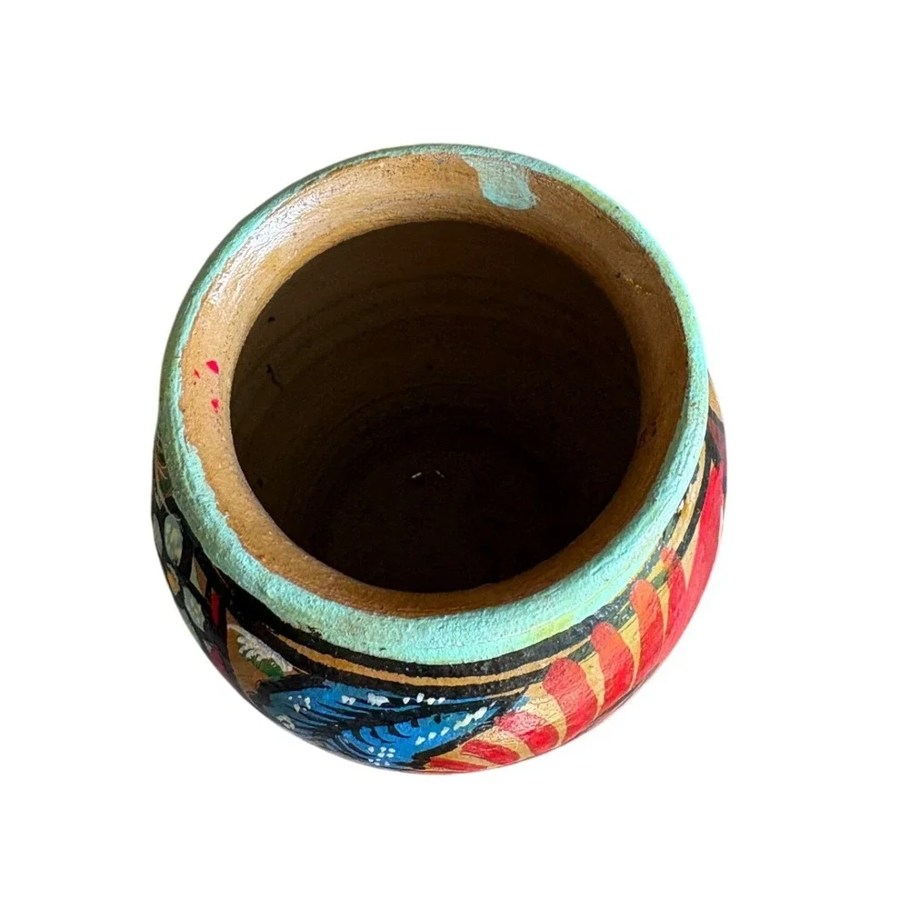 Vtg Mexican Folk Art Pottery Vase Hand Painted Terracotta Red Clay Bird Flower4